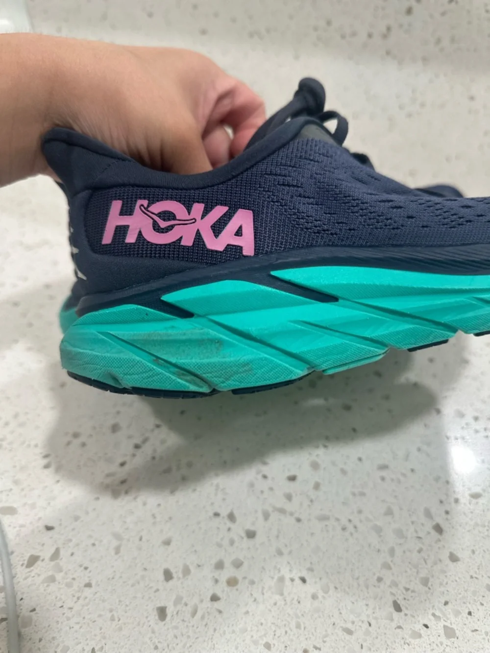 Hoka Women's Navy Blue Teal Running Shoes with Pink Logo - Picture 9 of 15